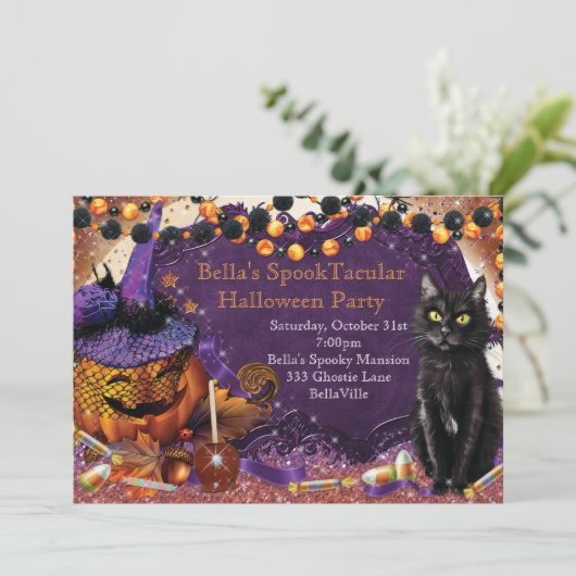 Pumpkin Cat Halloween Uitnodigingen (Staand voorkant)