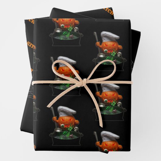 Pumpkin Chef Halloween - Spooky Cauldron ontwerp Inpakpapier Vel (In situ)