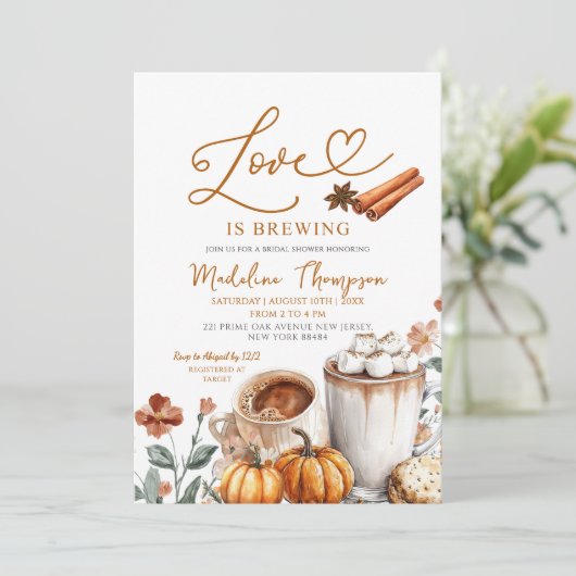 Pumpkin Coffee Theme Love is Brewing Bridal Shower Kaart (Staand voorkant)