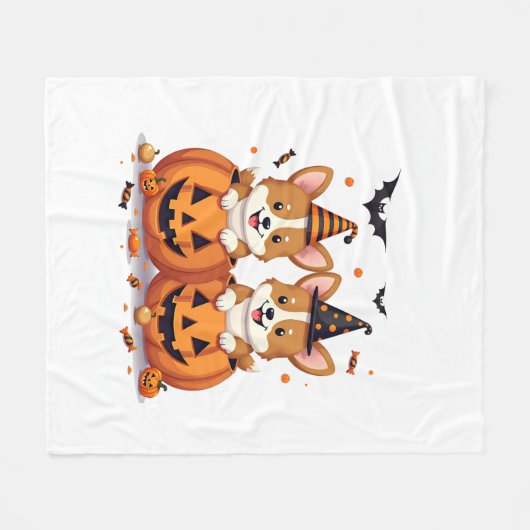 Pumpkin Corgi Party Fleece Deken (Voorkant (Horizontaal))