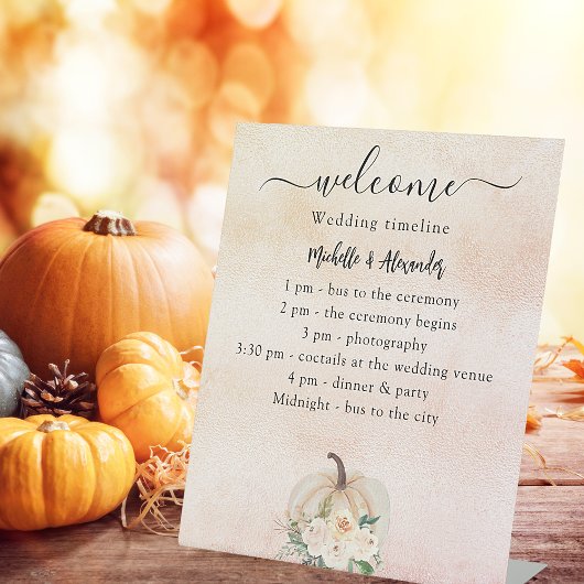 Pumpkin crème blush fall bruiloft programma tijdli reclamebord met voetstuk