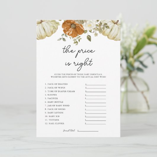 Pumpkin De prijs is de juiste Baby shower Game Kaa Kaart (Staand voorkant)