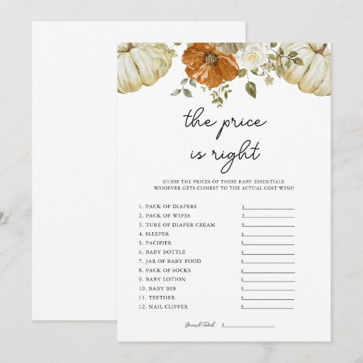 Pumpkin De prijs is de juiste Baby shower Game Kaa Kaart (Voorkant / Achterkant)