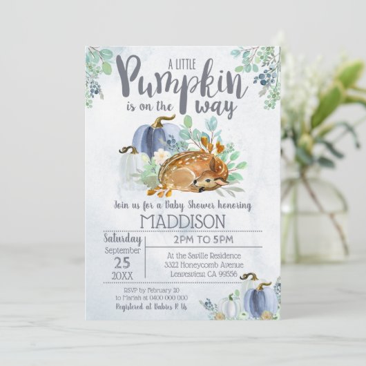 Pumpkin Deer Baby shower Invitation Boy Herfst Kaart (Staand voorkant)