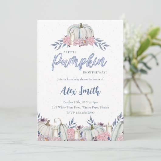 Pumpkin Dusty Blue Baby shower Invitation Boy Kaart (Staand voorkant)