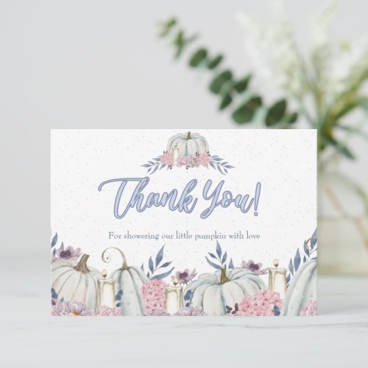 Pumpkin Dusty Blue Boy Baby shower Dank je wel Kaart (Staand voorkant)