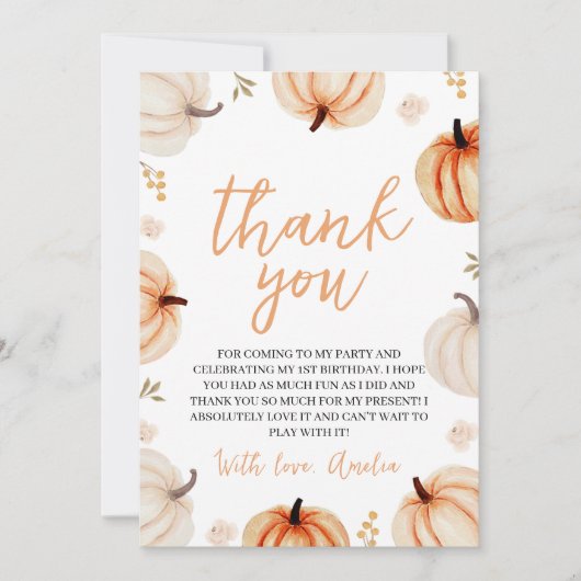 Pumpkin eerste verjaardag bedankkaart kaart (Voorkant)