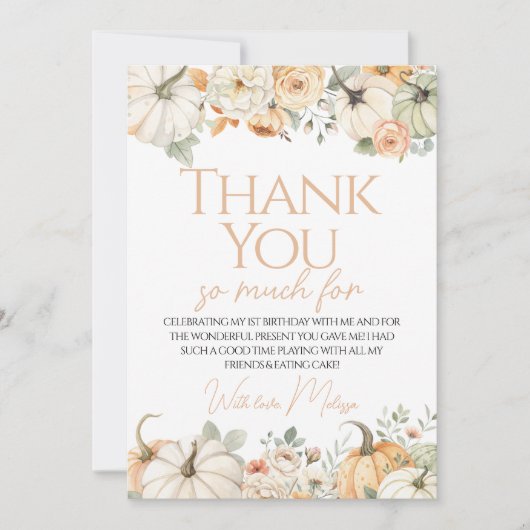 Pumpkin eerste verjaardag bedankkaart kaart (Voorkant)