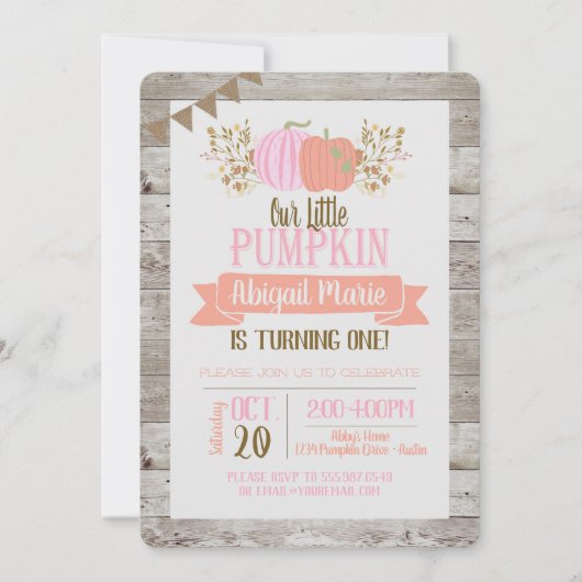 Pumpkin eerste verjaardag Little Girl Uitnodiging (Voorkant)