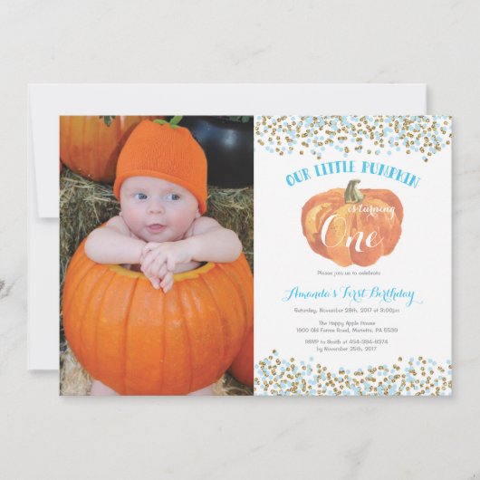 Pumpkin eerste verjaardag uitnodiging blauw en gou (Voorkant)