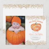 Pumpkin eerste verjaardag uitnodiging roze en goud (Voorkant / Achterkant)