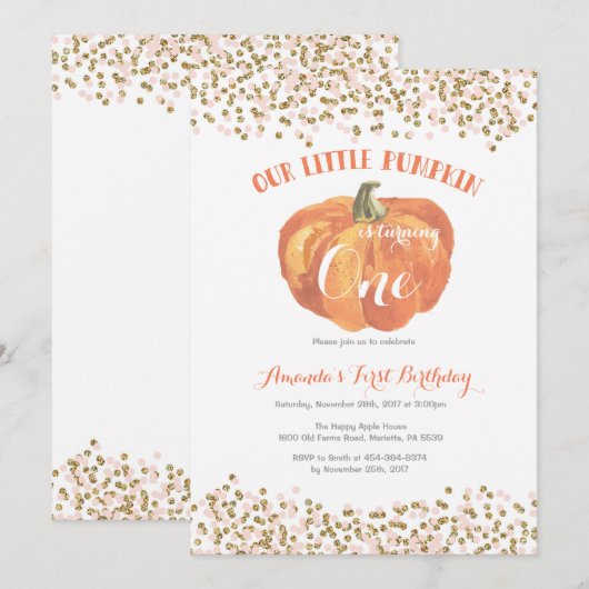 Pumpkin eerste verjaardag uitnodiging roze en goud (Voorkant / Achterkant)
