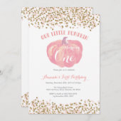 Pumpkin eerste verjaardag uitnodiging roze en goud (Voorkant / Achterkant)