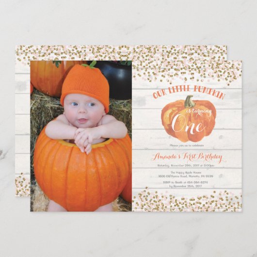 Pumpkin eerste verjaardag uitnodiging roze en goud (Voorkant / Achterkant)