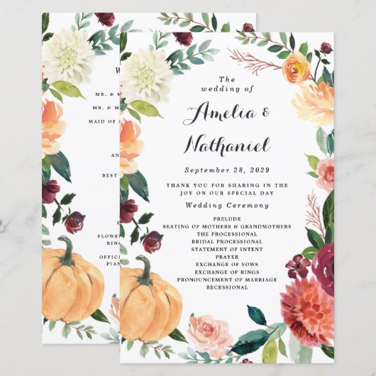 Pumpkin Elegant Autumn Floral Wedding Programs (Voorkant / Achterkant)