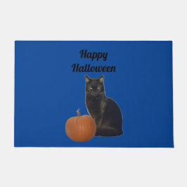 Pumpkin en Black Cat Happy Halloween Blue Deurmat