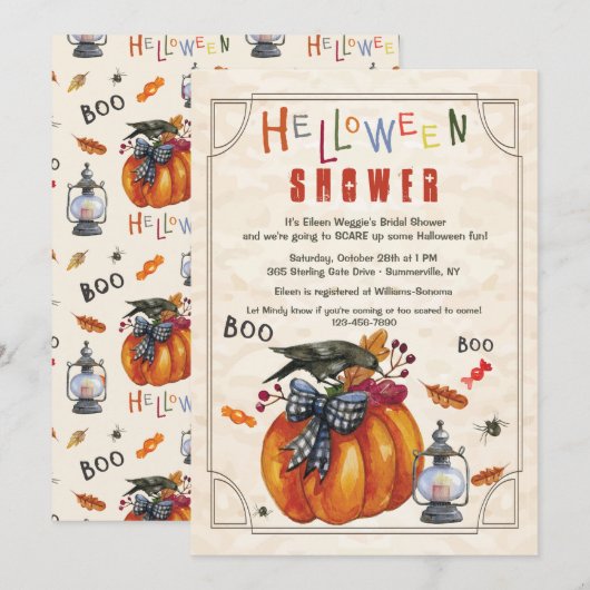 Pumpkin en Crow Halloween Douche Uitnodiging (Voorkant / Achterkant)
