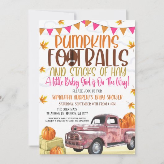 Pumpkin en Footballs Girl Baby shower Invitation Kaart (Voorkant)