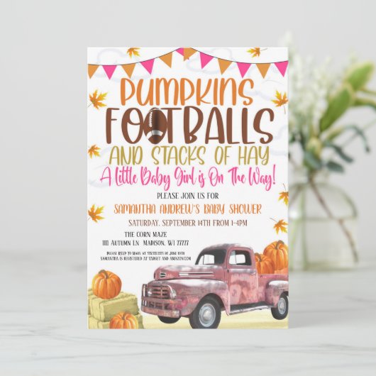 Pumpkin en Footballs Girl Baby shower Invitation Kaart (Staand voorkant)