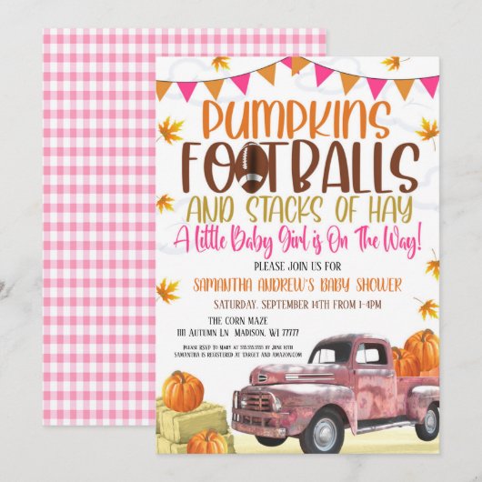 Pumpkin en Footballs Girl Baby shower Invitation Kaart (Voorkant / Achterkant)