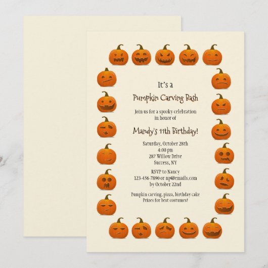 Pumpkin Faces-uitnodiging Kaart (Voorkant / Achterkant)