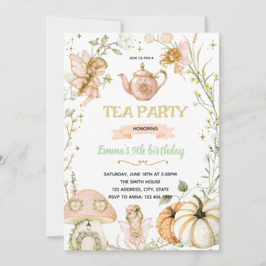 Pumpkin Fairies Tea Party Birthday Invitation Kaart (Voorkant)