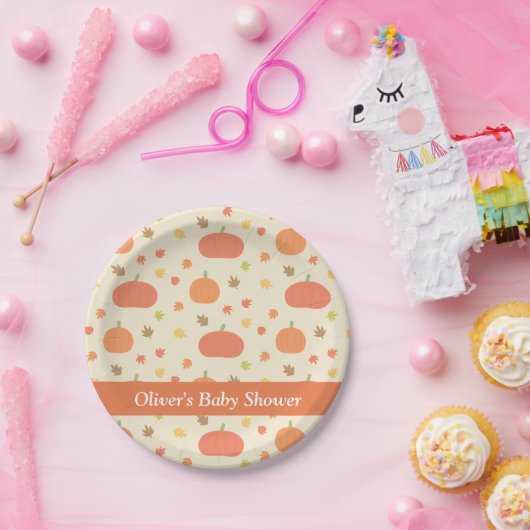 Pumpkin Fall Leaves Pattern Baby shower Borden Papieren Bordje (Feest)