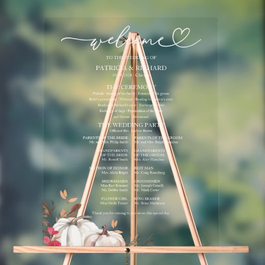 Pumpkin Fall Wedding Program Sign Acryl Bord (Neutraal)