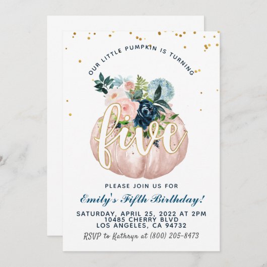Pumpkin Fifth Birthday Invitation Kaart (Voorkant / Achterkant)
