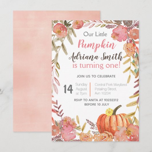 Pumpkin First Birthday Autumn Herfst Invitation Kaart (Voorkant / Achterkant)