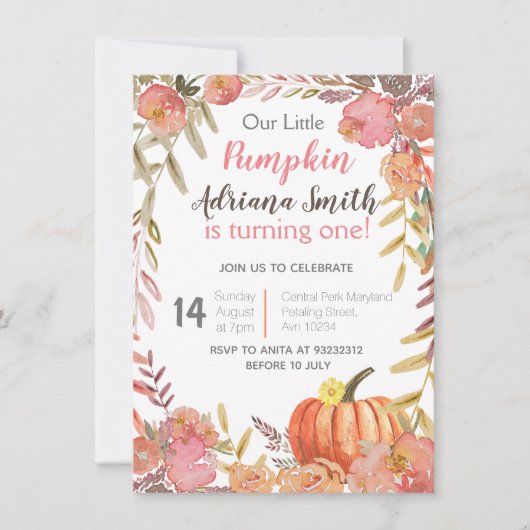 Pumpkin First Birthday Autumn Herfst Invitation Kaart (Voorkant)