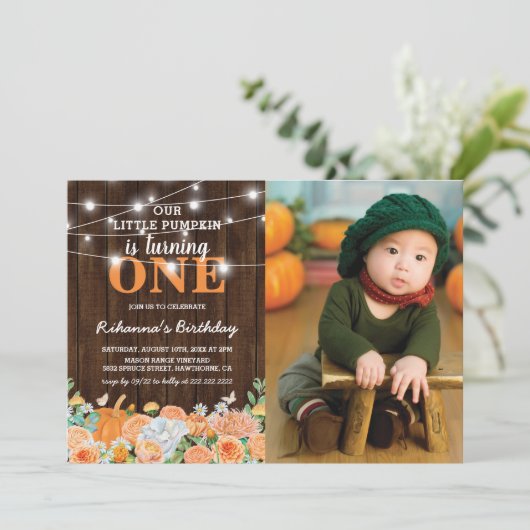 Pumpkin First Birthday | Foto Rustige Herfst Kaart (Staand voorkant)