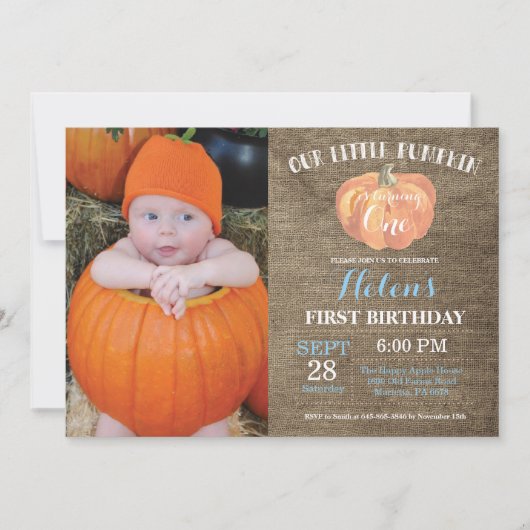 Pumpkin First Birthday Invitation Blue Burlap Kaart (Voorkant)
