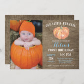 Pumpkin First Birthday Invitation Blue Burlap Kaart (Voorkant / Achterkant)