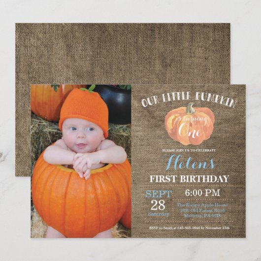 Pumpkin First Birthday Invitation Blue Burlap Kaart (Voorkant / Achterkant)