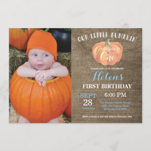 Pumpkin First Birthday Invitation Blue Burlap Kaart