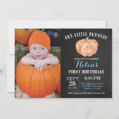 Pumpkin First Birthday Invitation Blue Chalkboard Kaart (Voorkant)