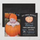 Pumpkin First Birthday Invitation Blue Chalkboard Kaart (Voorkant / Achterkant)