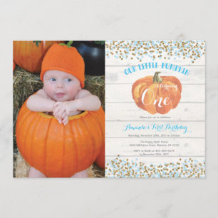 Pumpkin First Birthday Invitation Blue en Gold Kaart