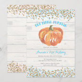 Pumpkin First Birthday Invitation Blue en Gold Kaart (Voorkant / Achterkant)