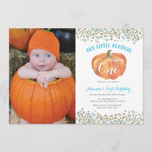 Pumpkin First Birthday Invitation Blue en Gold Kaart