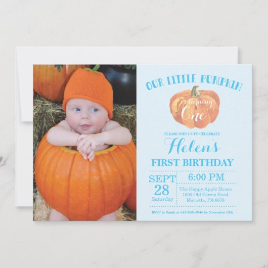 Pumpkin First Birthday Invitation Blue Kaart (Voorkant)