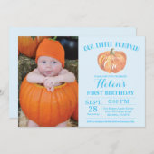 Pumpkin First Birthday Invitation Blue Kaart (Voorkant / Achterkant)