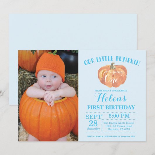 Pumpkin First Birthday Invitation Blue Kaart (Voorkant / Achterkant)