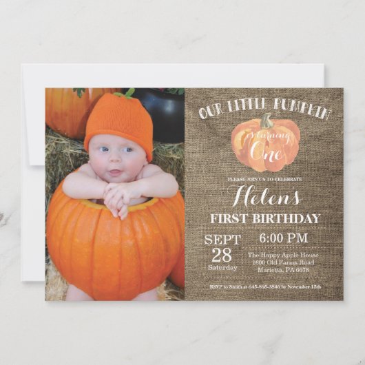 Pumpkin First Birthday Invitation Burlap Kaart (Voorkant)