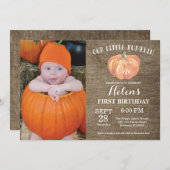Pumpkin First Birthday Invitation Burlap Kaart (Voorkant / Achterkant)