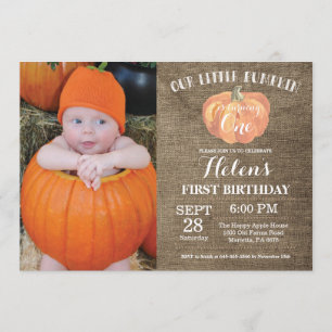 Pumpkin First Birthday Invitation Burlap Kaart