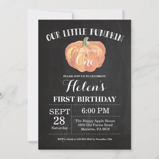 Pumpkin First Birthday Invitation Chalkboard Kaart (Voorkant)