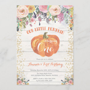 Pumpkin First Birthday Invitation Floral Gold Kaart