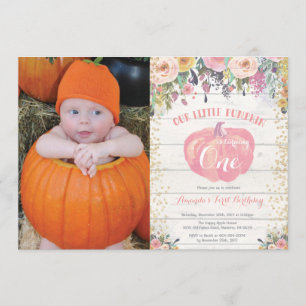 Pumpkin First Birthday Invitation Floral Gold Kaart